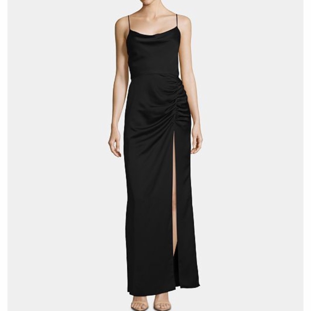 Betsy & Adam Satin Ruched Slit Gown